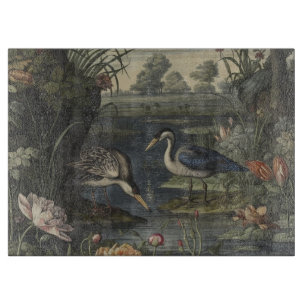Botanical scene of blue crane by a river cutting board