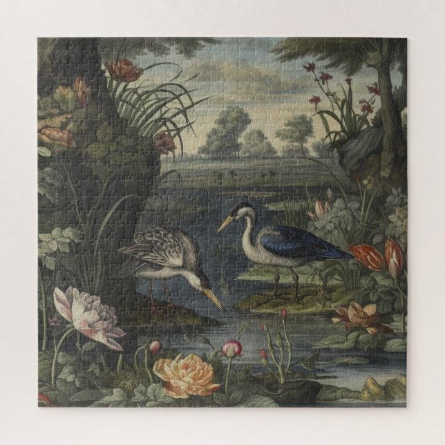 Botanical scene of blue crane by a river jigsaw puzzle (Vertical)
