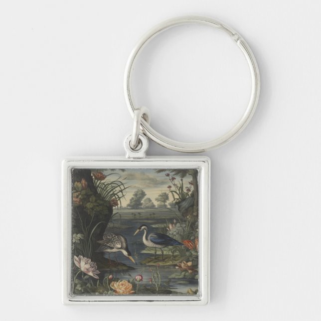 Botanical scene of blue crane by a river key ring (Front)