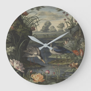 Botanical scene of blue crane by a river large clock