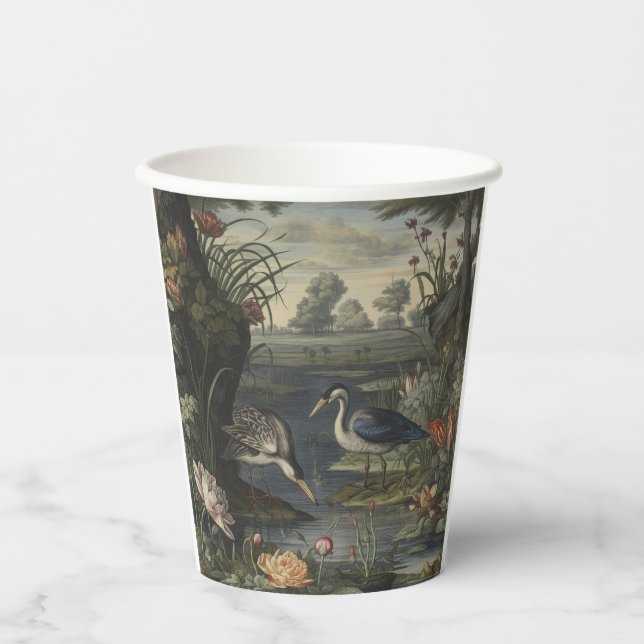 Botanical scene of blue crane by a river paper cups (Front)