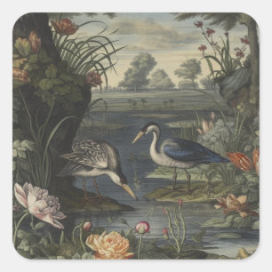 Botanical scene of blue crane by a river square sticker