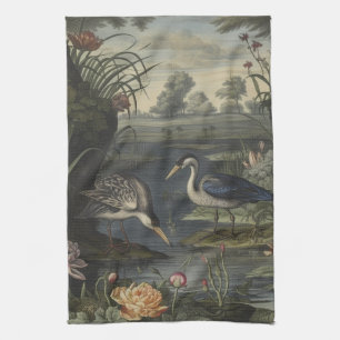Botanical scene of blue crane by a river tea towel