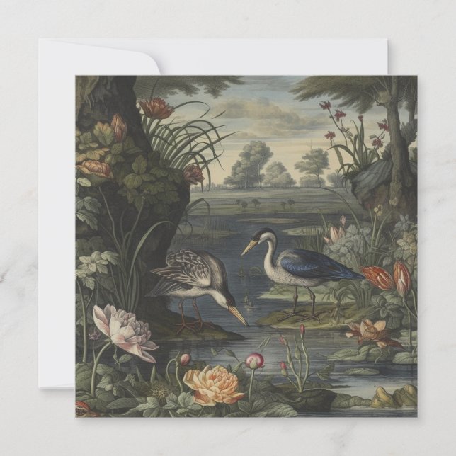 Botanical scene of blue cranes by a river (Front)