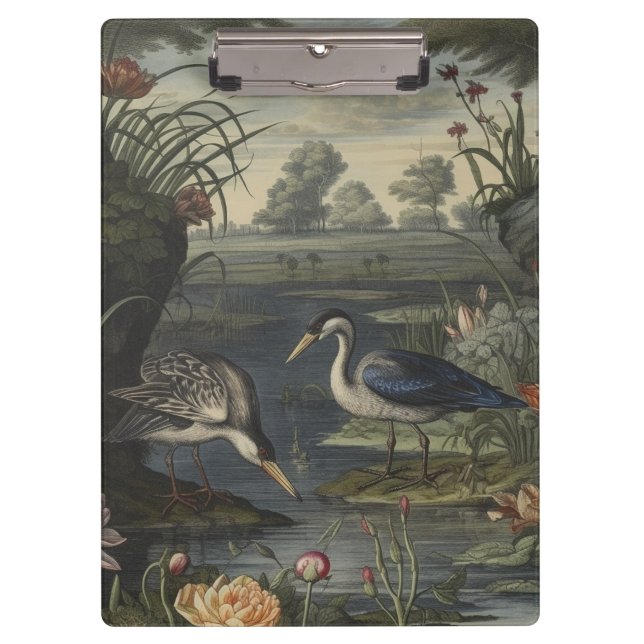 Botanical scene of blue cranes by  a river clipboard (Front)