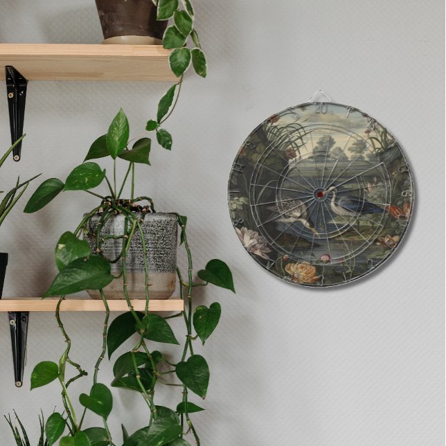 Botanical scene of blue cranes by  a river dartboard (Creator Uploaded)