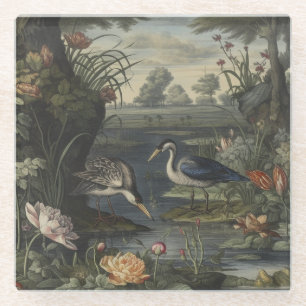 Botanical scene of blue cranes by a river glass coaster