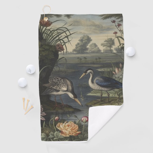 Botanical scene of blue cranes by  a river golf towel (InSitu)