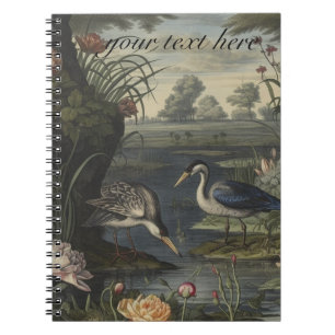 Botanical scene of blue cranes by a river notebook