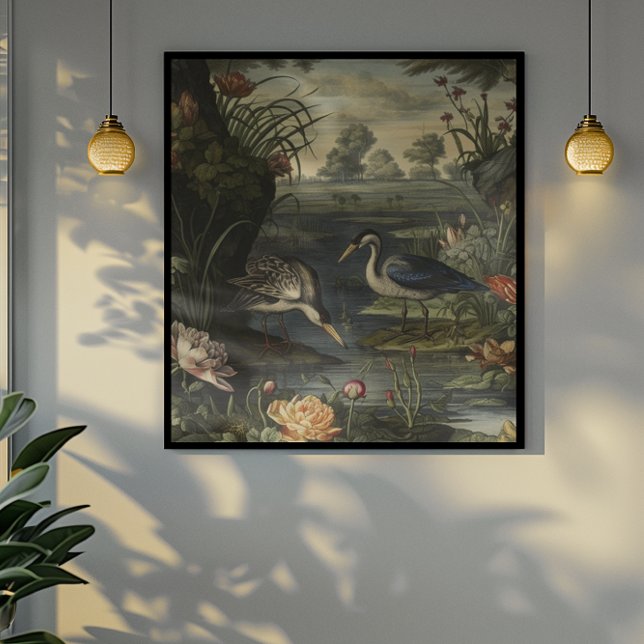 Botanical scene of blue cranes by  a river poster (Creator Uploaded)