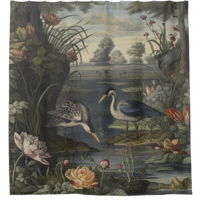 Botanical scene of blue cranes by  a river shower curtain (Front)