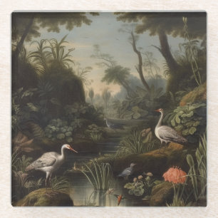 Botanical scene of cranes near a river glass coaster