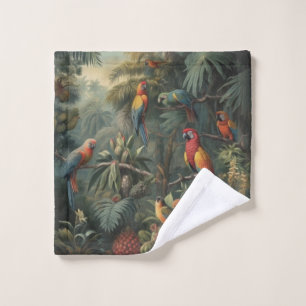 Botanical scene of parrots and pineapples bath towel set
