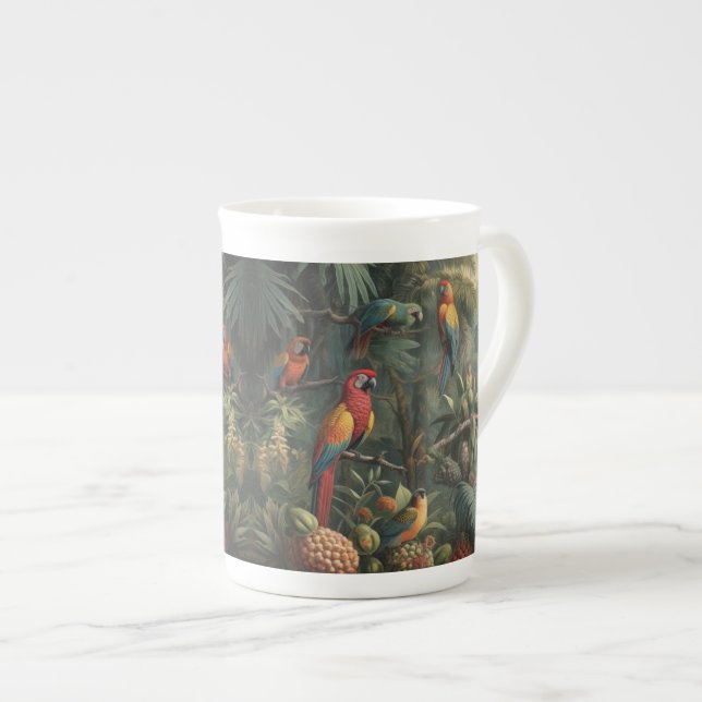 Botanical scene of parrots and pineapples  bone china mug (Front Right)