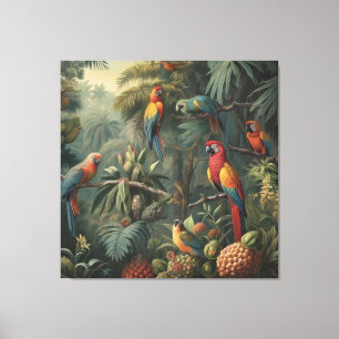 Botanical scene of parrots and pineapples canvas print