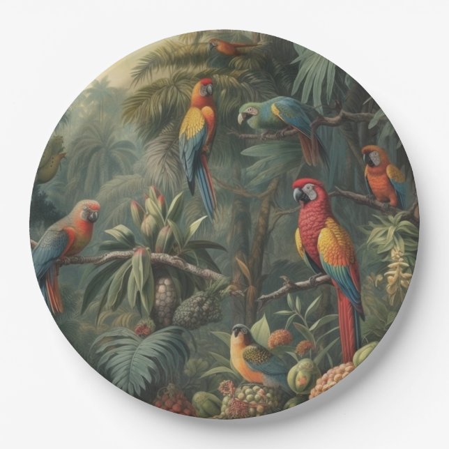 Botanical scene of parrots and pineapples  paper plate (Front)