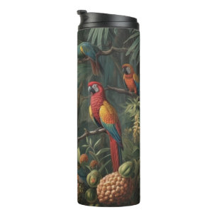 Botanical scene of parrots and pineapples  thermal tumbler