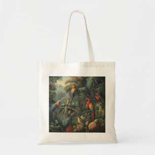Botanical scene of parrots and pineapples tote bag