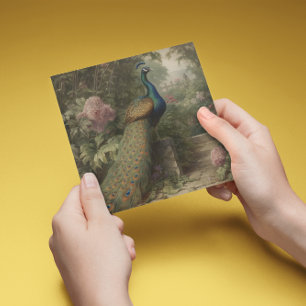 Botanical scene of peacock in an english garden holiday card