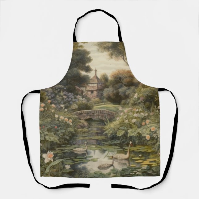 Botanical scene of swans in an English garden Apron (Front)