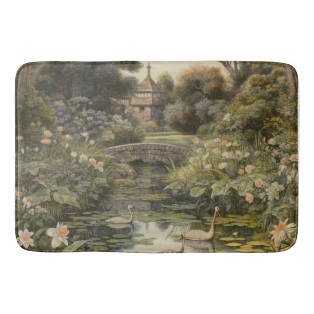 Botanical scene of swans in an English garden Bath Mat (Front)