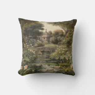 Botanical scene of swans in an English garden Cushion