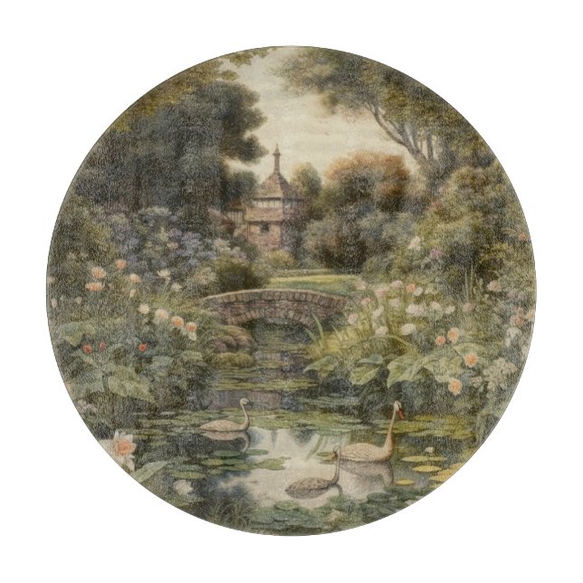Botanical scene of swans in an English garden Cutting Board (Front)