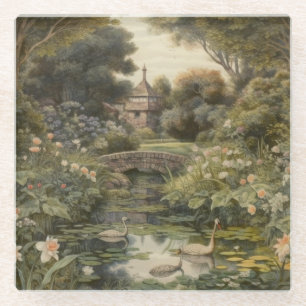 Botanical scene of swans in an English garden Glass Coaster