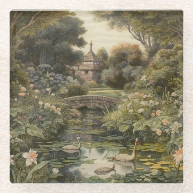 Botanical scene of swans in an English garden Glass Coaster (Front)