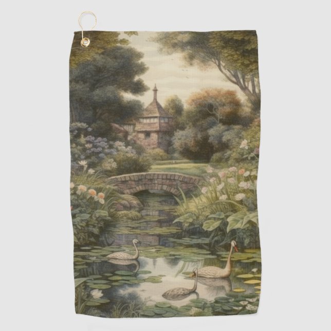 Botanical scene of swans in an English garden Golf Towel (Front)