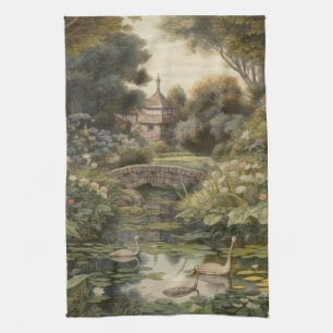 Botanical scene of swans in an English garden Tea Towel