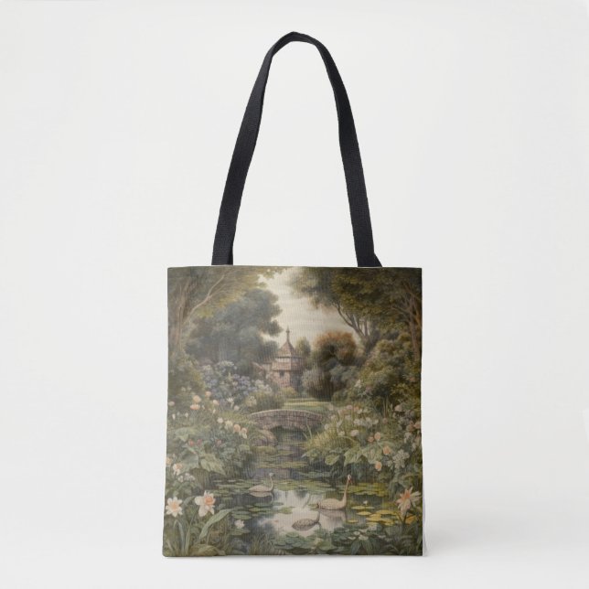 Botanical scene of swans in an English garden Tote Bag (Front)