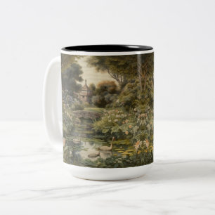 Botanical scene of swans in an English garden Two-Tone Coffee Mug