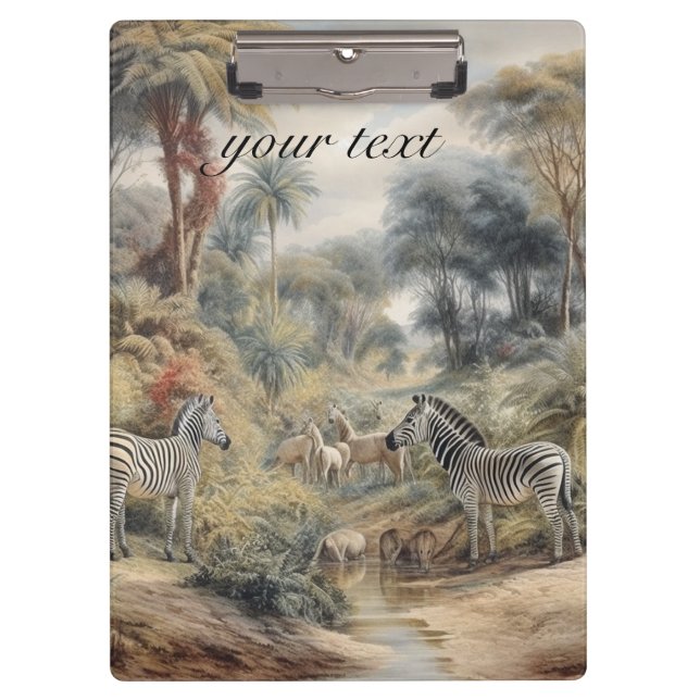Botanical scene of zebras and lions customisable clipboard (Front)