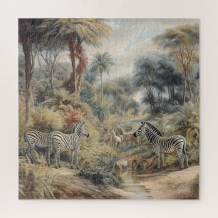 Botanical scene of zebras and lions in an oasis jigsaw puzzle