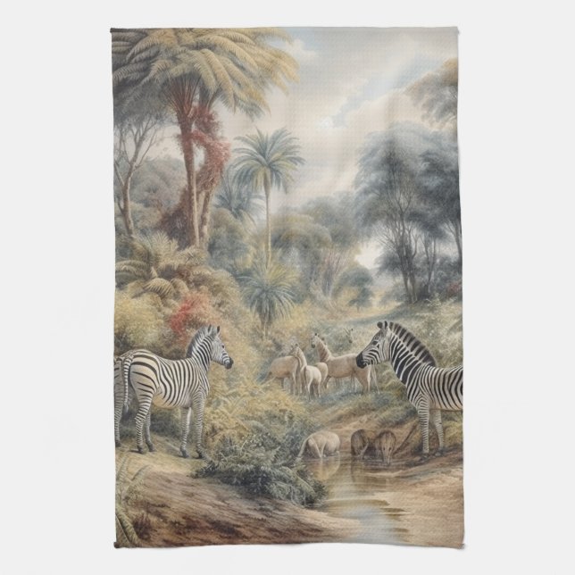 Botanical scene of zebras and lions in an oasis tea towel (Vertical)