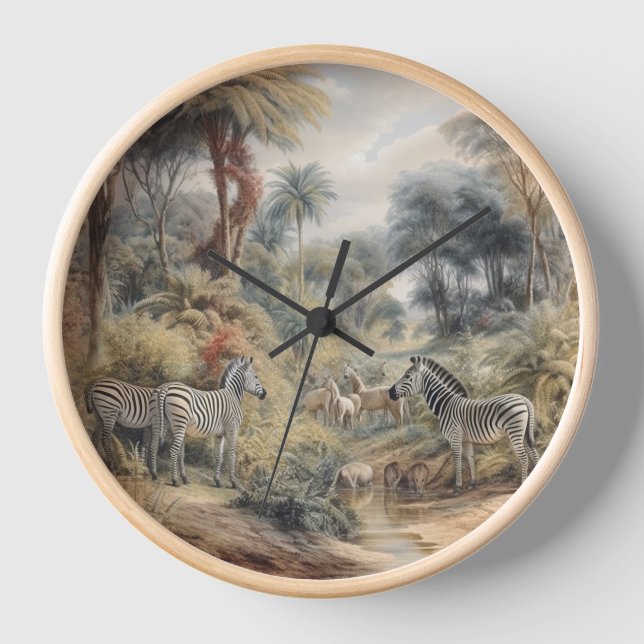 Botanical scene of zebras in an oasis clock (Front)