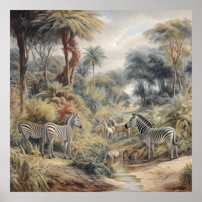 Botanical scene of zebras in an oasis poster (Front)