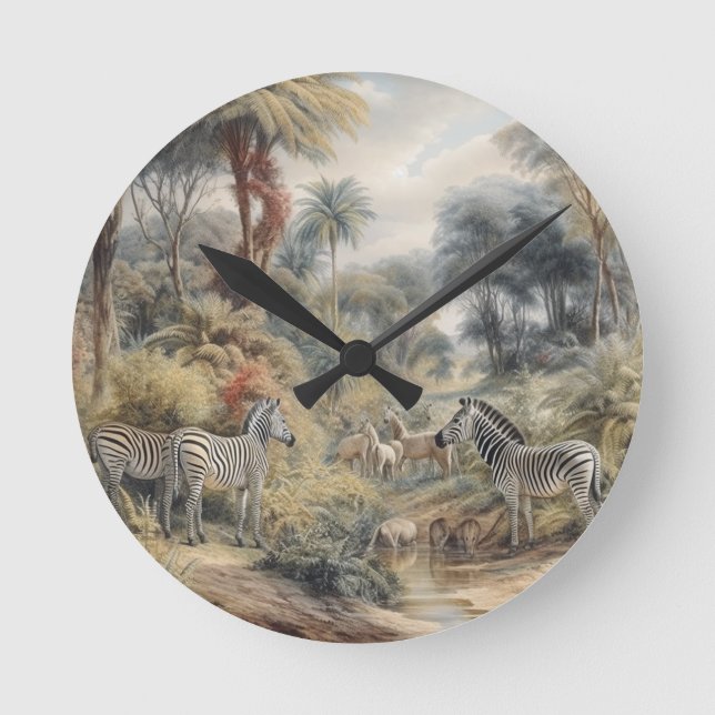 Botanical scene of zebras in an oasis round clock (Front)