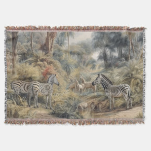 Botanical scene of zebras in an oasis throw blanket
