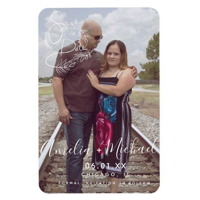 Botanical Script Hand Drawn Save the Date Photo Ma Magnet (Vertical)