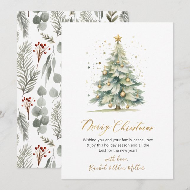 Botanical Script Tree Non Photo Christmas Cards (Front/Back)