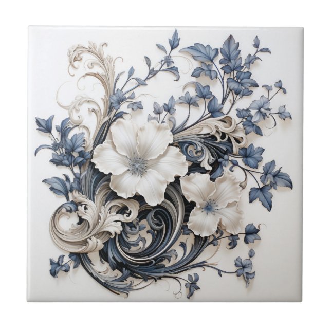 Botanical Scroll Ceramic Tile (Front)