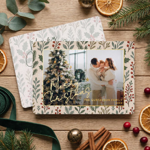 Botanical Seasonal Greetings On Holly Berries Gold Foil Holiday Card