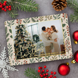 Botanical Seasonal Greetings On Holly Berries Gold Foil Holiday Card