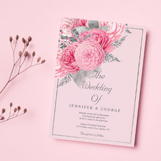 Botanical silver glitter pink floral wedding  invitation