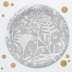 Botanical Silver Grey Floral Paper Plates