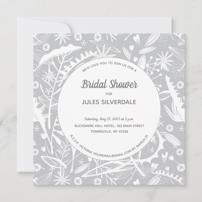 Botanical Silver Grey Pattern Bridal Shower Invitation (Front)