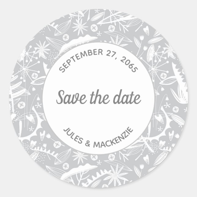 Botanical Silver Grey Pattern Save the Date Classic Round Sticker