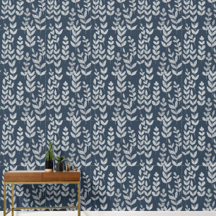 Botanical Silver Leaves Vines Navy Blue Wall